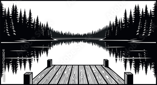 Lakeside dock illustration, black and white nature scene, pine forest reflection art, tranquil lake sketch, peaceful outdoor landscape, hand drawn vector