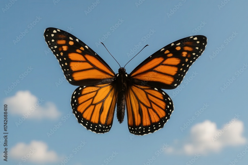 Naklejka premium Latvia, Kandava, 2025-08-23, Latvijas kauss A vibrant monarch butterfly soars against a backdrop of azure skies dotted with fluffy white clouds