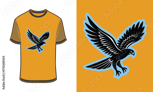 Tshirt mockup hawk with blue outline in diving pose orange bird falcon