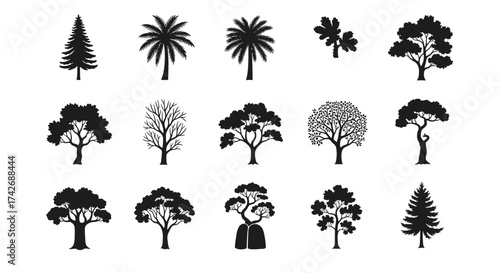 A collection of diverse tree silhouettes including deciduous and evergreen varieties.