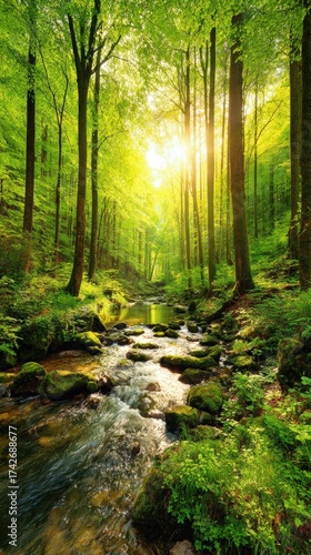 A vibrant green forest scene shows a small stream flowing over rocks with sunlight shining through the tall trees on a beautiful sunny day.