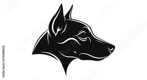 A stylized black silhouette of a dog's head, showing its profile against a white background.