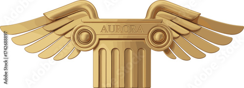 Golden winged column emblem, classical architecture symbol, Ionic capital design, majestic logo, Aurora brand, prestige, tradition, freedom, elevation, heritage