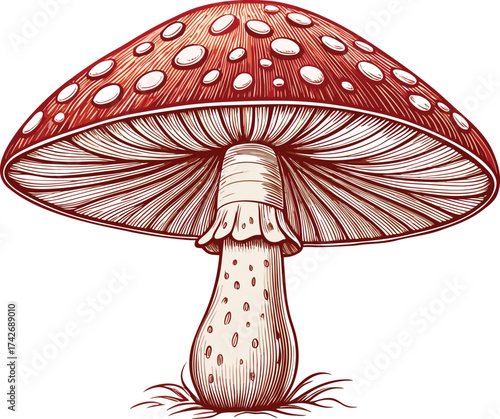A bright red and white fly agaric mushroom vector illustration is isolated in green grass for an autumn nature design