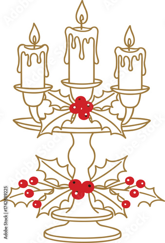 Christmas candle holder with holly leaves and berries, festive lit candles for seasonal decoration and greeting card design, flat vector