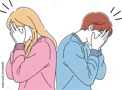 Sad cartoon characters, emotional illustration, back-to-back pose, distress expression, hand on face, conflict scene, expressive art, pastel colors, character emotion, sorrowful mood