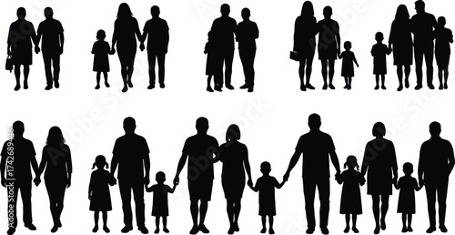 Silhouette vector illustration of multiple families walking together holding hands representing love, unity, relationship, parenting, happiness, bonding, and togetherness concept