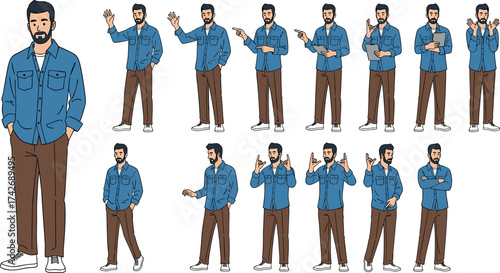 Male character pose set, bearded man in casual outfit, expressive gesture and action illustration, vector design for animation, presentation, or storytelling