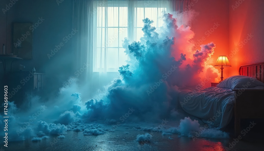 Obraz premium Surreal Bedroom Scene with Blue and Red Smoke Contrasting Against a Window and Bed