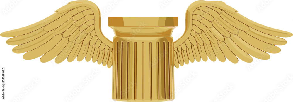 Naklejka premium Golden column with wings, classical architecture, freedom symbol, stylized pillar, feathered wings, elegant design, vertical fluting, soaring ideals, support concept, majestic art