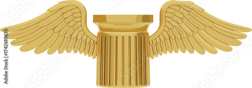 Golden column with wings, classical architecture, freedom symbol, stylized pillar, feathered wings, elegant design, vertical fluting, soaring ideals, support concept, majestic art
