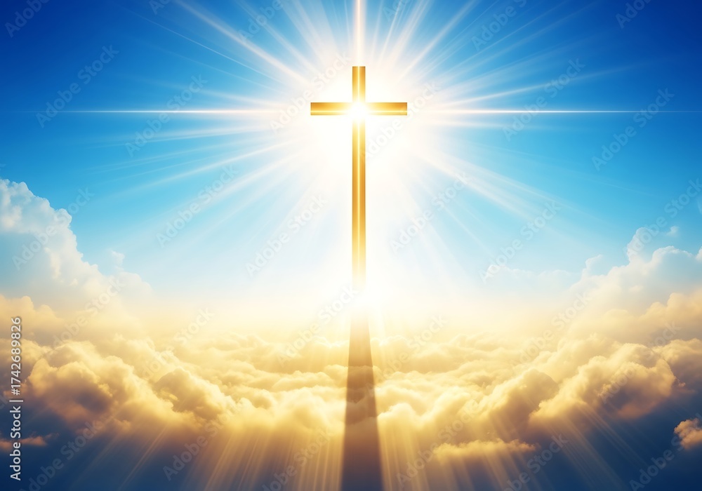 Fototapeta premium Golden cross shines in a sky filled with ethereal clouds