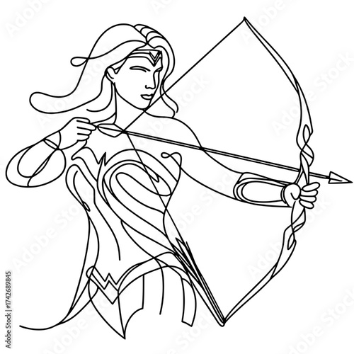 Sagittarius zodiac sign, Amazon woman archer pulling bow outline drawing, vector, black line drawing, minimalistic, single line, simple line, isolated, transparent background