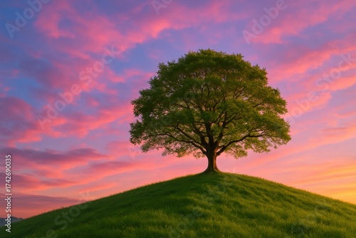 Latvia, Kandava, 2025-08-23, Latvijas kauss A Lone Tree Stands Silent on a Grassy Hill at Sunset