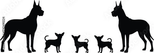 Dog silhouettes in symmetrical arrangement, large and small breeds facing inward, pet family concept, animal comparison illustration, flat vector