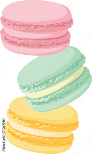 Three colorful macarons, stacked on top of each other, in pink, green, and yellow, with visible creamy filling.