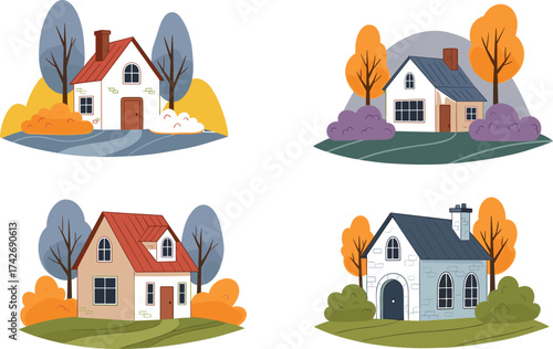 Seasonal house illustration, autumn and spring homes, stylized architecture, colorful trees, cozy cottages, vector art, residential design, nature themed background