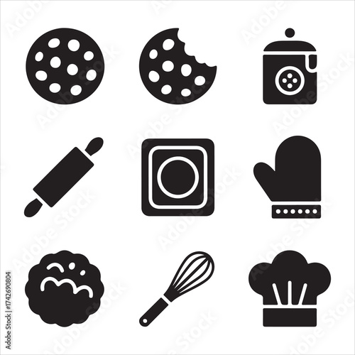 cookie day vector art icon pack silhuoette icon set bandle banner 9 sampol disign black and white backgrount icons pack