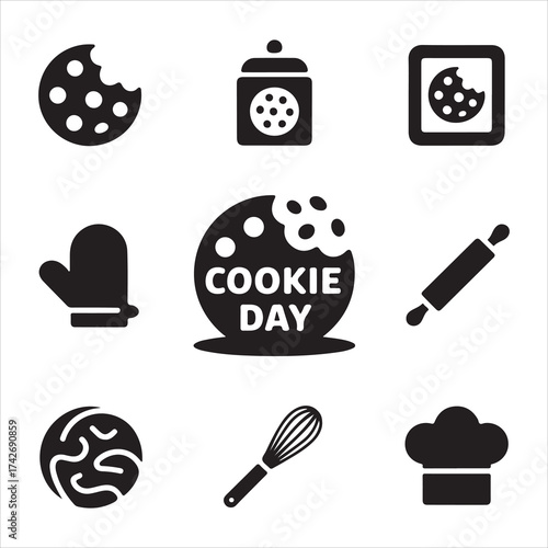 cookie day vector art icon pack silhuoette icon set bandle banner 9 sampol disign black and white backgrount icons pack
