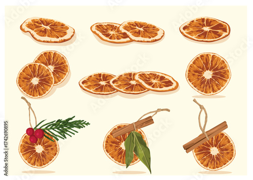 Illustration featuring nine arrangements of dried orange slices, some plain, others decorated with cinnamon sticks, berries, and evergreen sprigs.