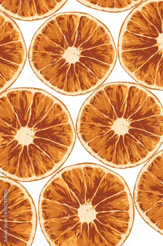 Repeating pattern of sliced orange fruit, showcasing the vibrant segments and textured pulp against a white background.