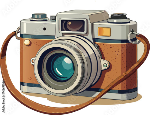 Vintage retro camera with leather strap on a transportation background antique