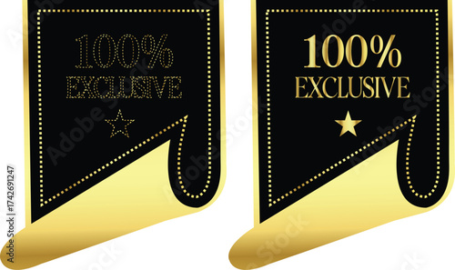 Two elegant black and gold banners proclaiming 100 percent exclusive and local exclusive with a star emblem