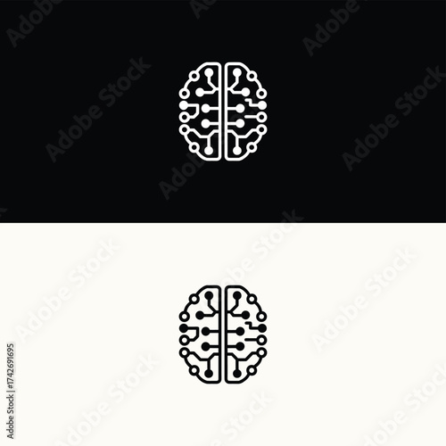 Minimalist brain logo design featuring circuit board elements, symbolizing artificial intelligence and technological innovation isolated on white background