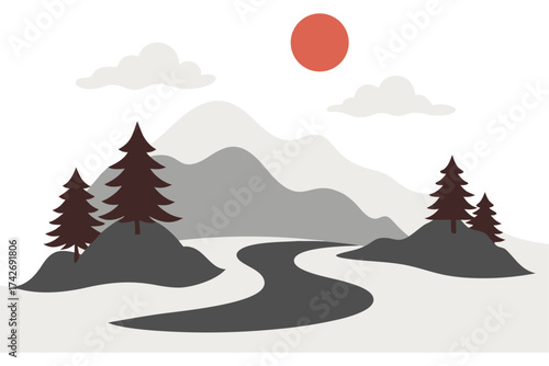 Serene landscape in sumi e ink style with flowing mountains