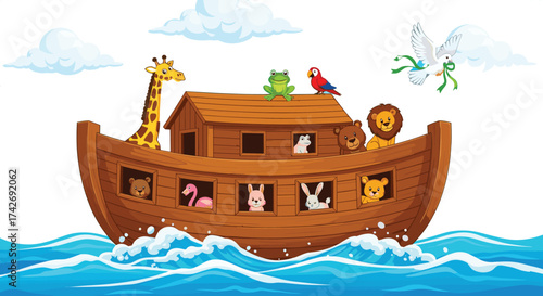 Noah's Ark cartoon illustration, animals on boat, biblical flood story, giraffe, lion, dove, ocean waves, kids art, Christian theme