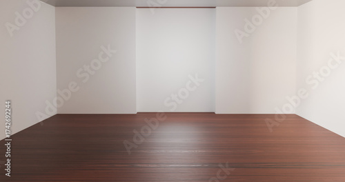 Gallery exhibition art hall interior with a front wall section showcase and wooden flooring