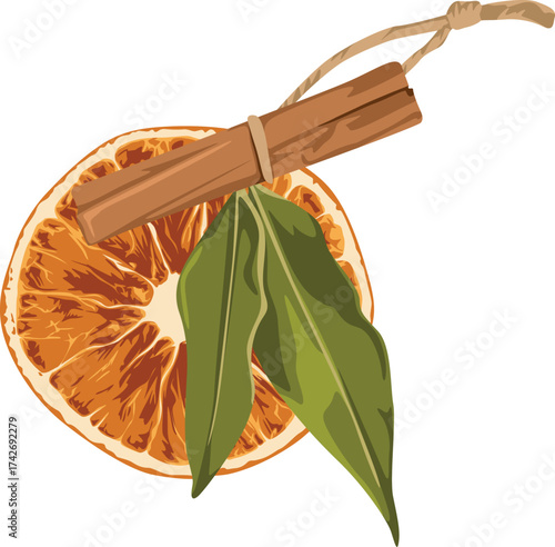 Dried orange slice, cinnamon sticks, and green leaves tied together with twine, creating a decorative arrangement.