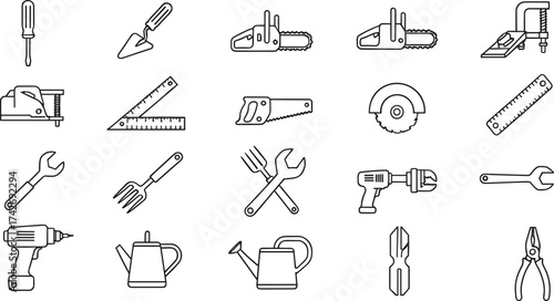 Black and white line drawing of hand tools, power tools, garden tools, construction equipment, DIY gear, isolated vector icons