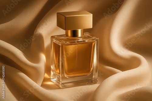 Latvia, Kandava, 2025-08-23, Latvijas kauss A Glass Cologne Bottle on a Textured Golden Canvas