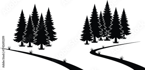 Stylized forest path illustration, conifer tree silhouette art, dual nature scene design, winding trail graphic, black and white landscape