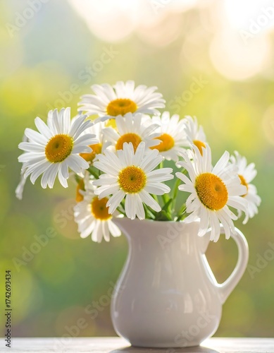 White daisies in a white pitcher on a blurred green and yellow background