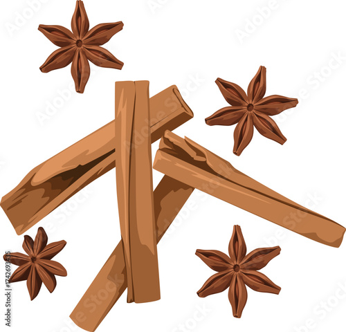 Cinnamon sticks and star anise spices arranged on a white background.
