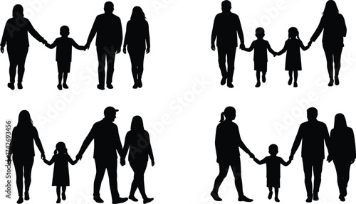 Silhouette vector illustration of parents walking with children together showing family unity, love, happiness, care, parenting, bonding, and relationship concept