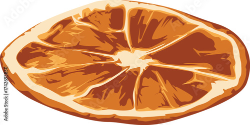 A stylized illustration of a dried orange slice, showcasing its segments and texture.