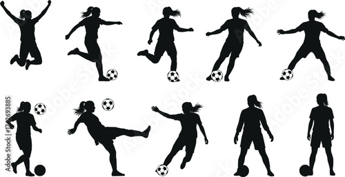 Female soccer silhouettes, women football players, dynamic poses, kicking ball, dribbling, jumping, athletic movement, black icons, white background, sports action