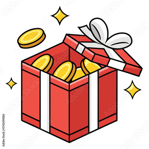 Open red gift box overflowing with gold coins and sparkles on a white background present