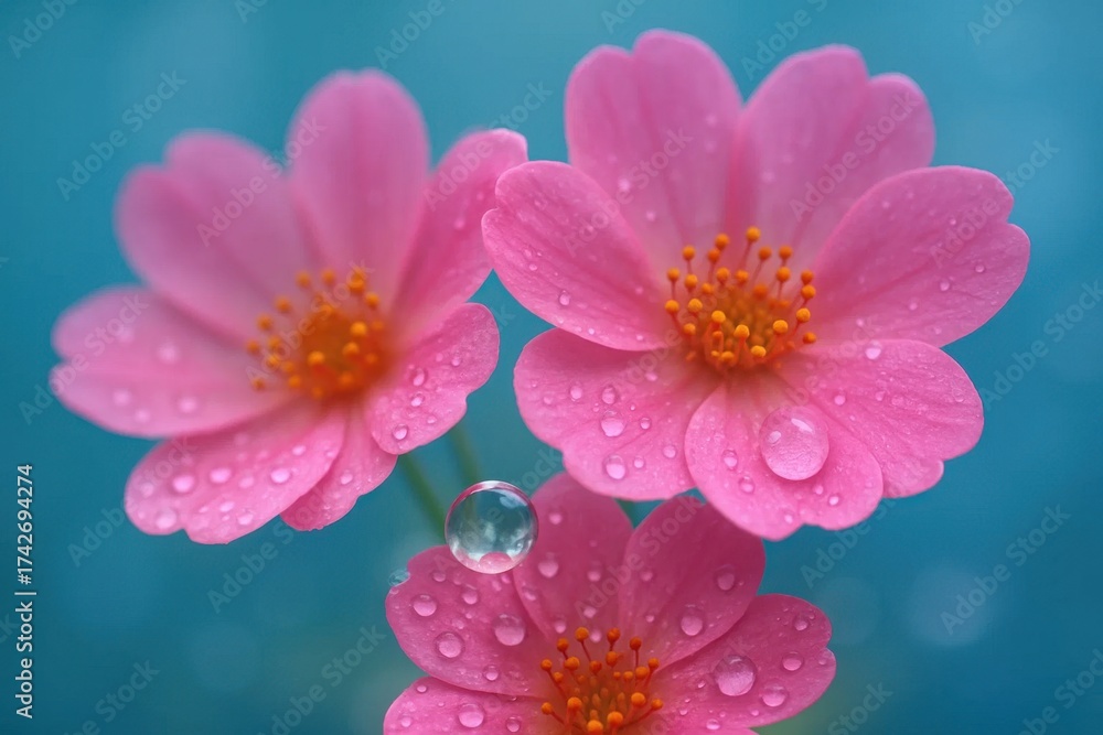 Fototapeta premium Latvia, Kandava, 2025-08-23, Latvijas kauss pink flowers with water droplets glistening in a serene blue backdrop