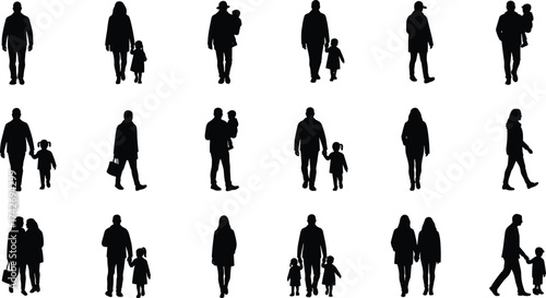 Silhouette vector illustration of people walking with kids showing family bonding, parenting, care, lifestyle, relationship, love, affection, and togetherness concept