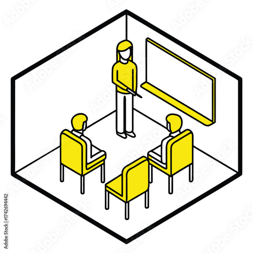 Teacher instructing students in a classroom isometric view