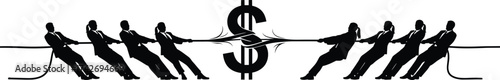 Business conflict, financial struggle, corporate competition, money tug-of-war, economic tension, dollar dispute, teamwork challenge, finance pressure, negotiation battle, business metaphor