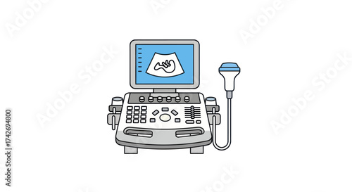 Medical Ultrasound Machine with Fetal Scan on Screen Diagnostic Imaging Equipment.