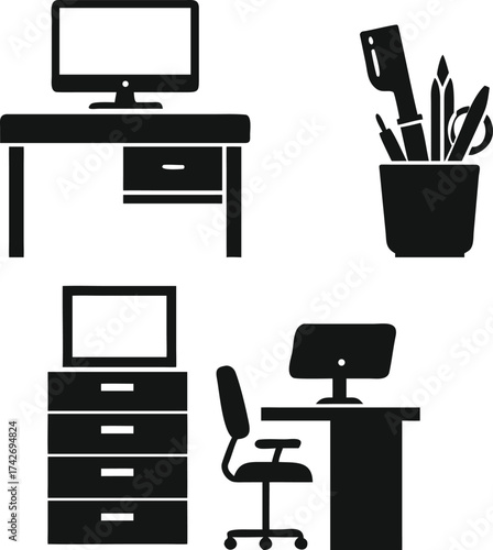 Set of vector icons for office furniture like a desk, chair, computer monitor, and printer for business interior design illustrations