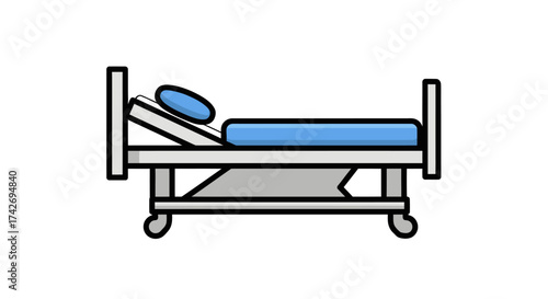 Simple icon of an adjustable hospital bed with a raised head and blue mattress on wheels.