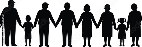 Silhouette vector of multigenerational family holding hands together showing grandparents, parents, and children unity concept on white background