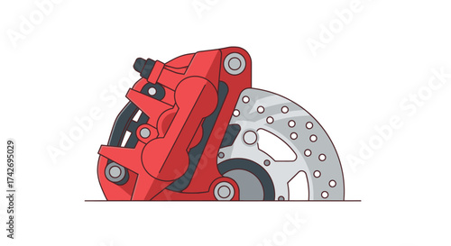 Illustration of a red motorcycle disc brake system with a caliper and vented rotor.